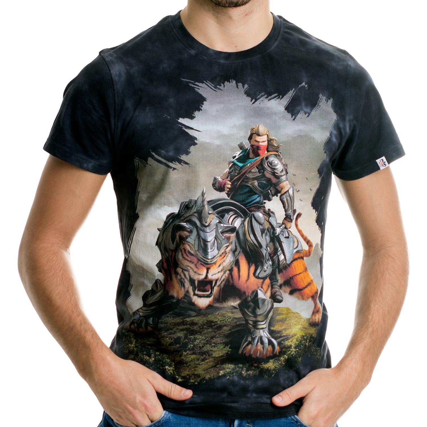 La Camiseta Battlecat tiene un dibujo original de un valiente guerrero a lomos de un tigre acorazado.