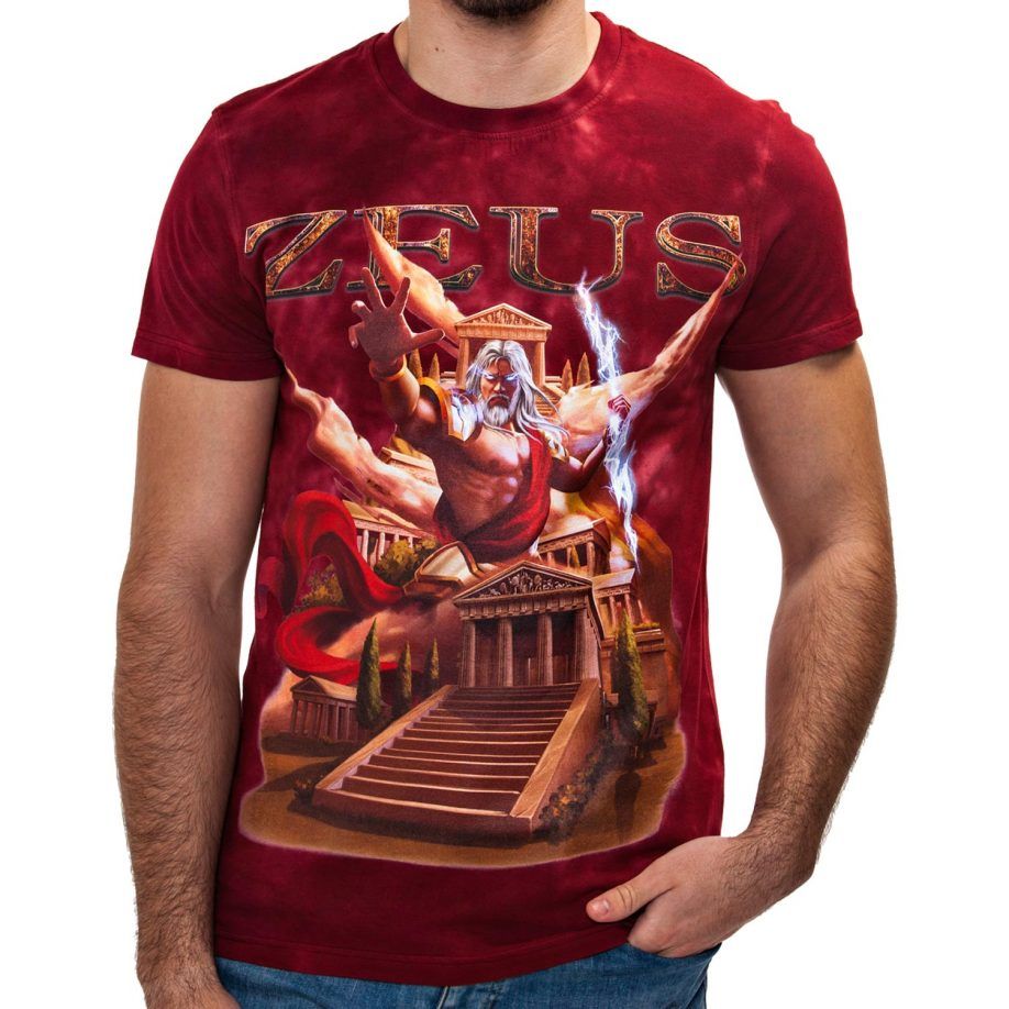 La Camiseta Zeus de hombre tiene un dibujo original del dios griego del trueno y de los cielos ejerciendo su poder desde el Olimpo.